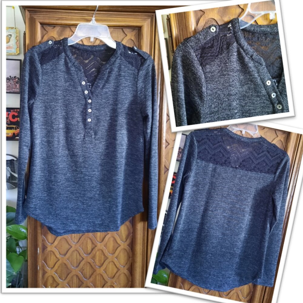 "ELVA' Soft-Knit Lace Henley/ Sweater Top w Button Details - Charcoal, Size S